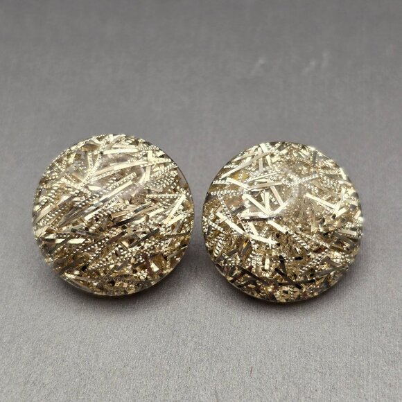 Unbranded Jewelry - VTG Lucite Confetti Dome Clip-On Earrings 1" Silver Tone Mid-Century Glam